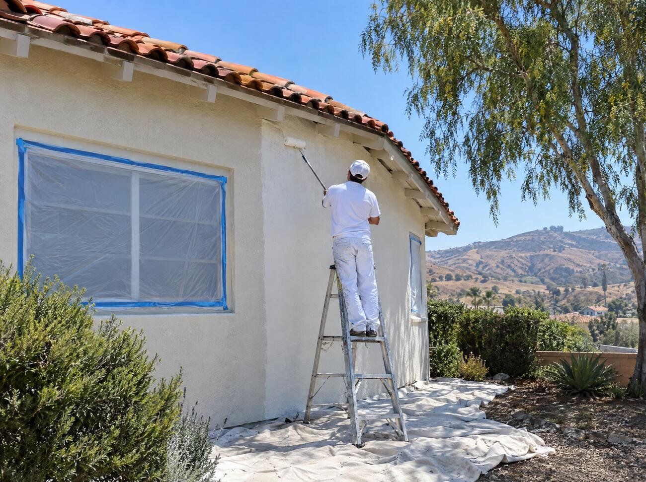 Painter on a ladder rolling fresh white paint onto the stucco wall of a tile-roof ranch home, windows masked with blue tape and plastic, hills in the background