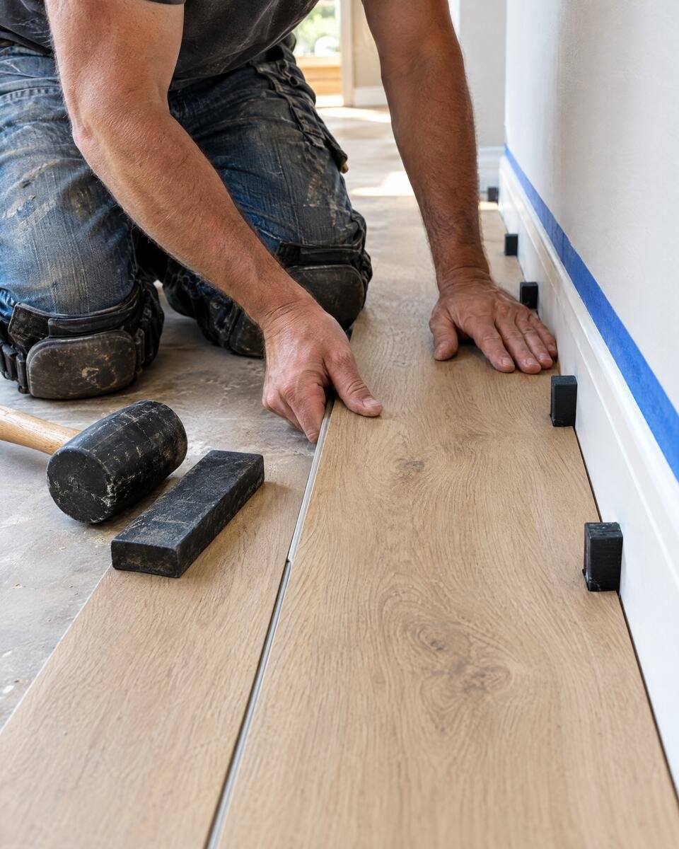 Installer clicking a light oak vinyl plank into place along a freshly painted wall with blue painter's tape on the baseboard